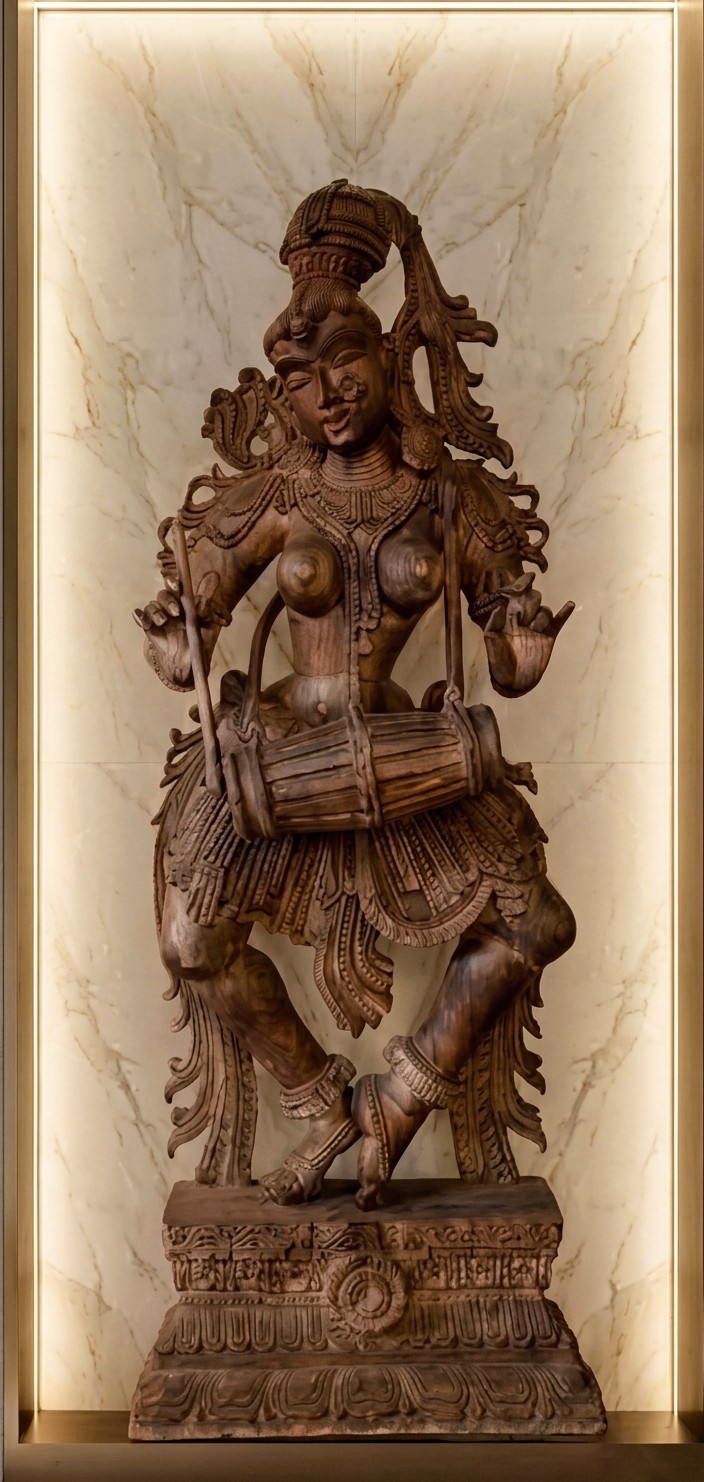 scultura indiana a tutto tondo con dea che danza del XIX secolo in legno