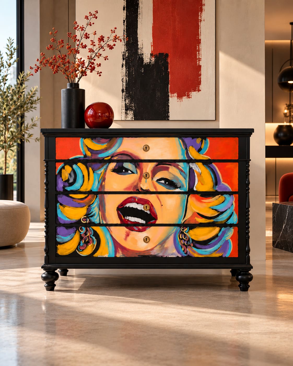 cassettone antico dipinto con marylin monroe a mano da artista contemporaneo